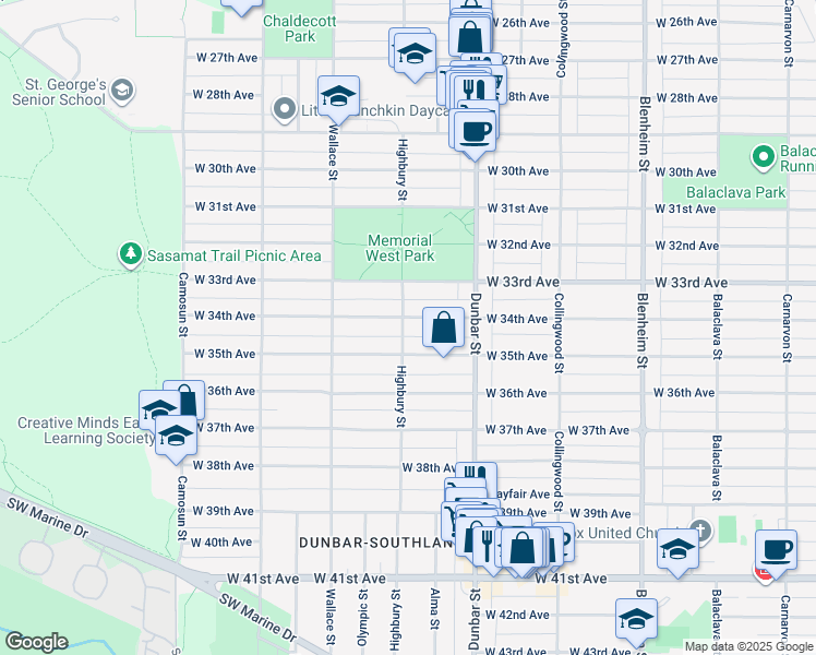 map of restaurants, bars, coffee shops, grocery stores, and more near 3792 West 34th Avenue in Vancouver