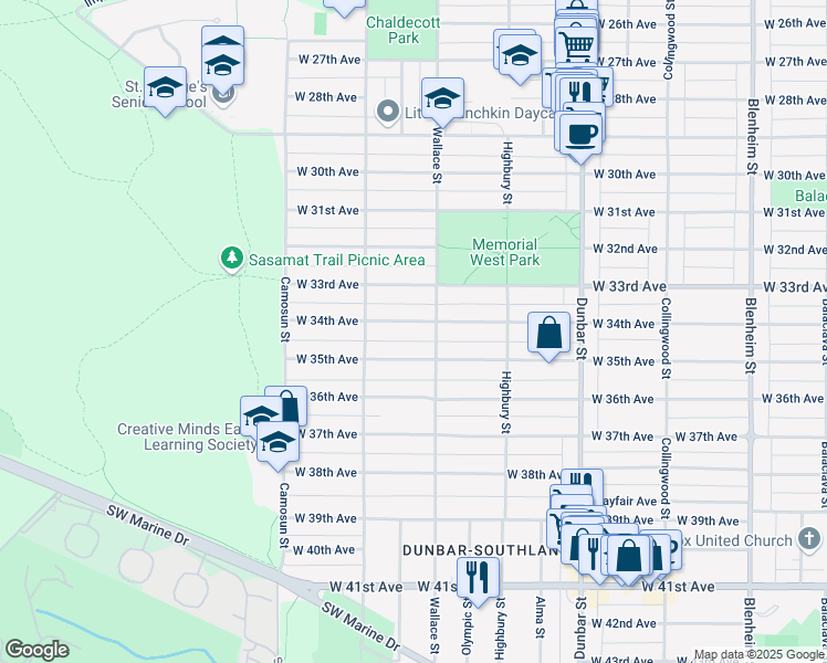 map of restaurants, bars, coffee shops, grocery stores, and more near 3928 West 34th Avenue in Vancouver