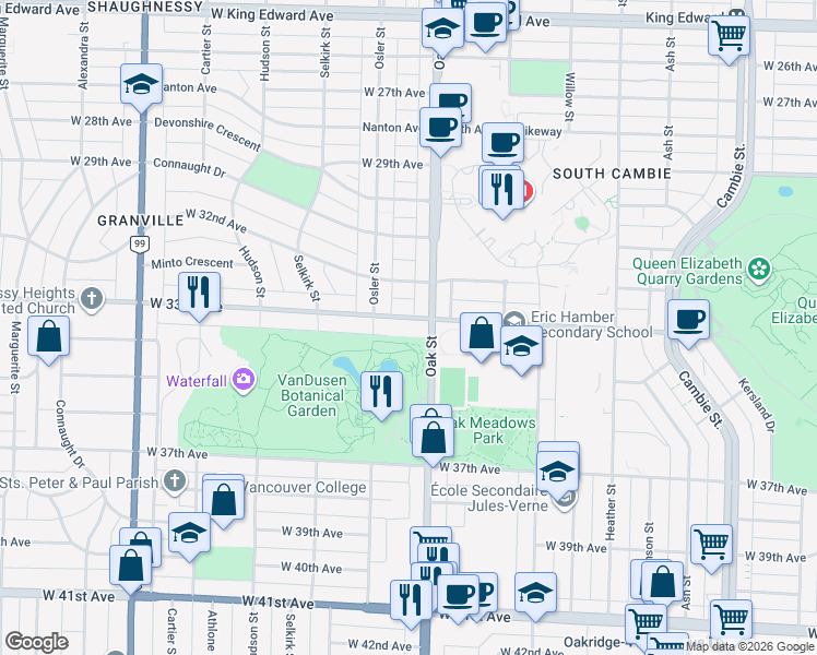 map of restaurants, bars, coffee shops, grocery stores, and more near 1030 West 33rd Avenue in Vancouver