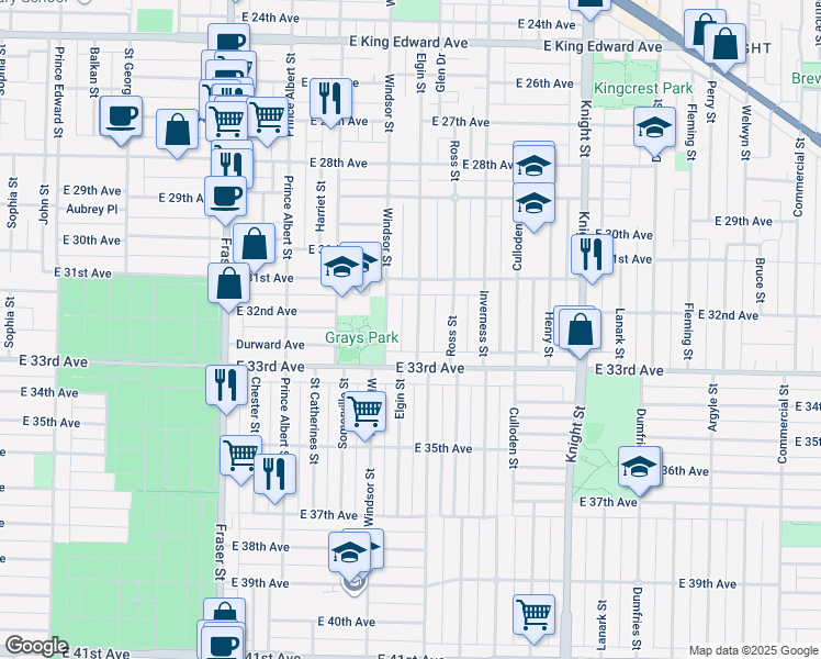 map of restaurants, bars, coffee shops, grocery stores, and more near 4835 Elgin Street in Vancouver