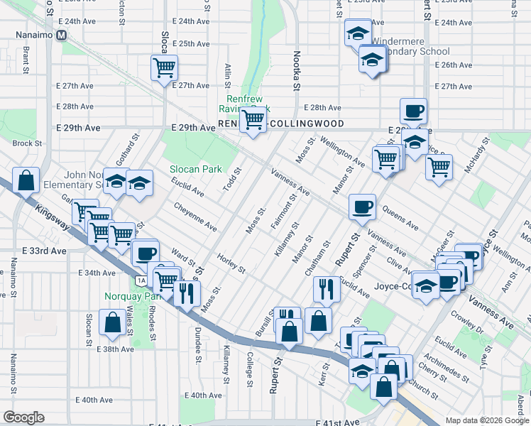 map of restaurants, bars, coffee shops, grocery stores, and more near in Vancouver