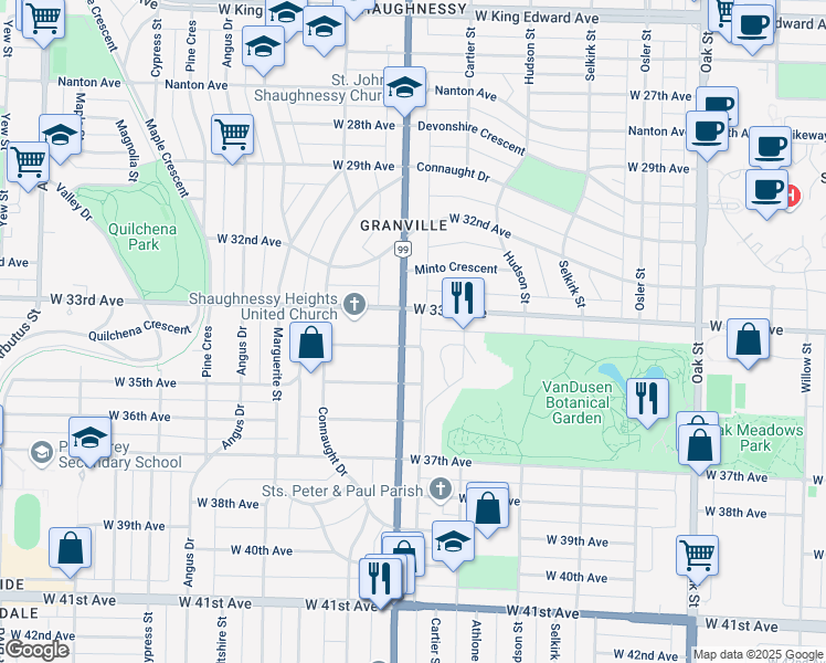 map of restaurants, bars, coffee shops, grocery stores, and more near 4962 Granville Street in Vancouver