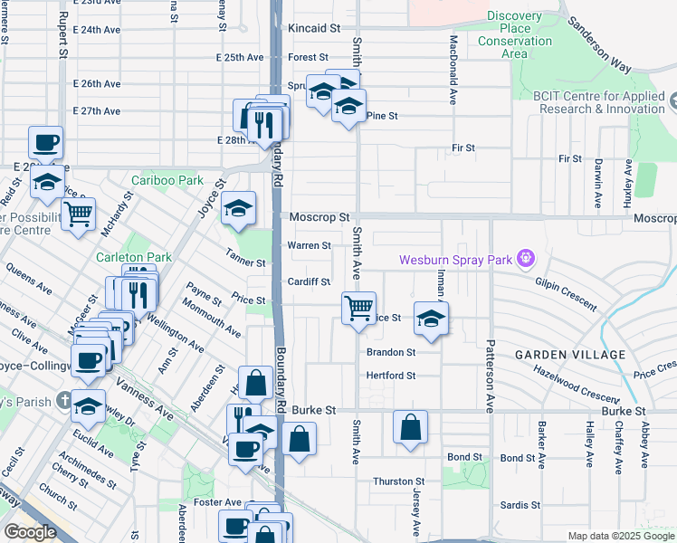 map of restaurants, bars, coffee shops, grocery stores, and more near 3810 Cardiff Place in Burnaby