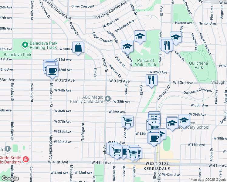 map of restaurants, bars, coffee shops, grocery stores, and more near 2426 West 34th Avenue in Vancouver