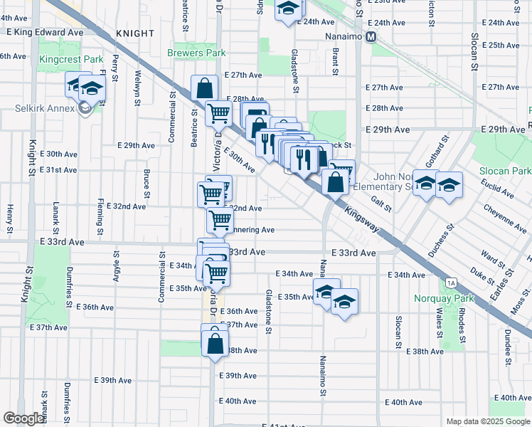 map of restaurants, bars, coffee shops, grocery stores, and more near 2122 East 32nd Avenue in Vancouver