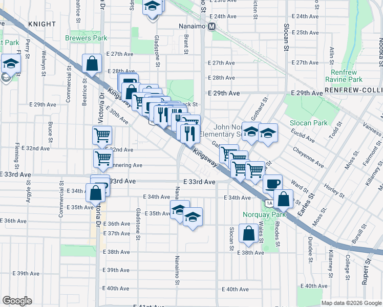 map of restaurants, bars, coffee shops, grocery stores, and more near in Vancouver