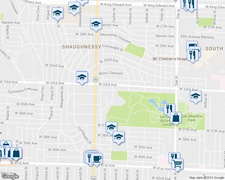 map of restaurants, bars, coffee shops, grocery stores, and more near 4900 Cartier Street in Vancouver