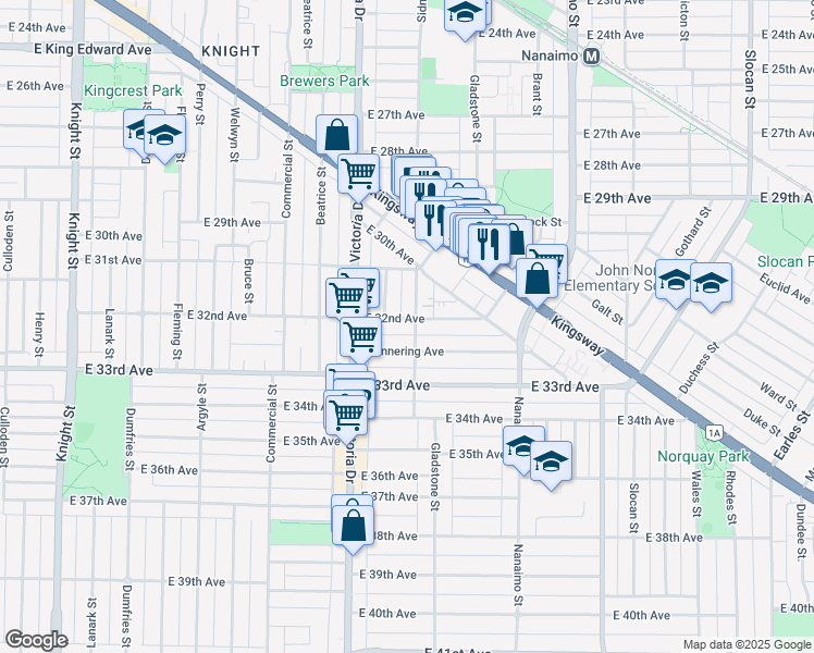 map of restaurants, bars, coffee shops, grocery stores, and more near 2088 East 32nd Avenue in Vancouver