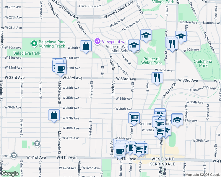 map of restaurants, bars, coffee shops, grocery stores, and more near West 34th Avenue in Vancouver