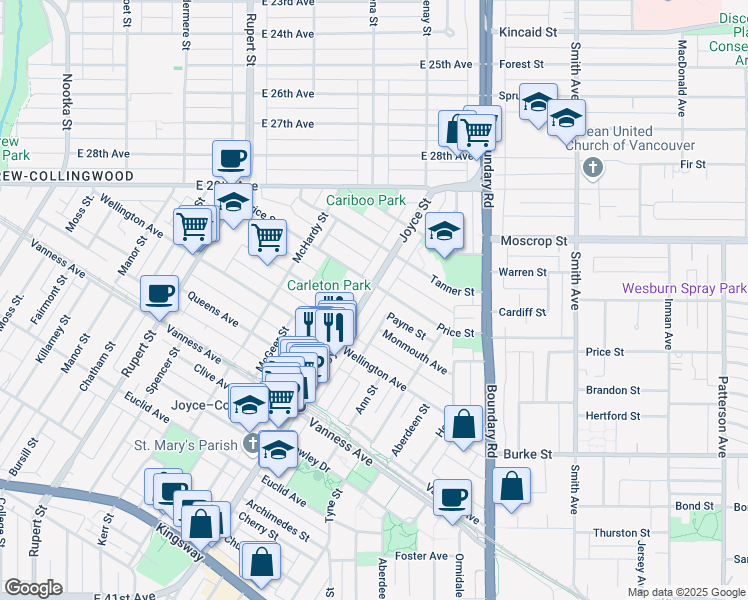 map of restaurants, bars, coffee shops, grocery stores, and more near in Vancouver