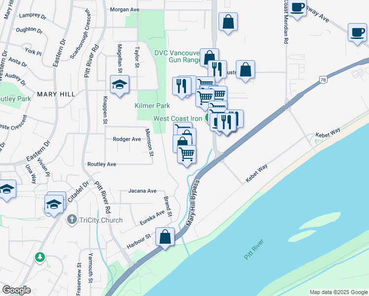 map of restaurants, bars, coffee shops, grocery stores, and more near 1515 Broadway Street in Port Coquitlam