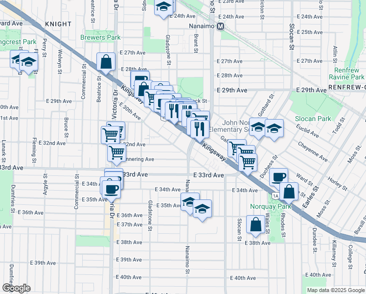 map of restaurants, bars, coffee shops, grocery stores, and more near 2299 East 30th Avenue in Vancouver