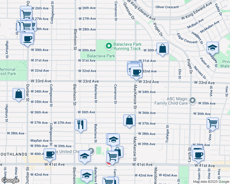 map of restaurants, bars, coffee shops, grocery stores, and more near 3008 West 34th Avenue in Vancouver