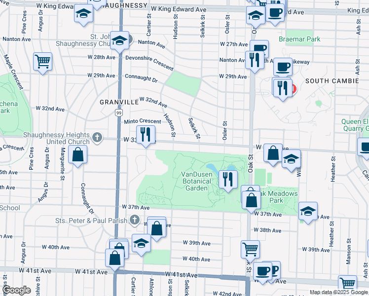 map of restaurants, bars, coffee shops, grocery stores, and more near 1258 West 33rd Avenue in Vancouver