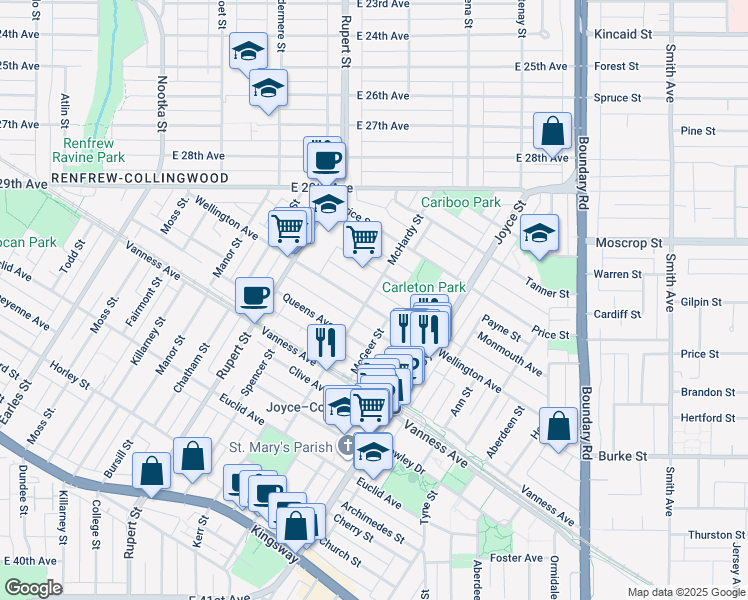 map of restaurants, bars, coffee shops, grocery stores, and more near 3409 Wellington Avenue in Vancouver