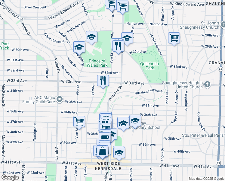 map of restaurants, bars, coffee shops, grocery stores, and more near 2115 West 34th Avenue in Vancouver