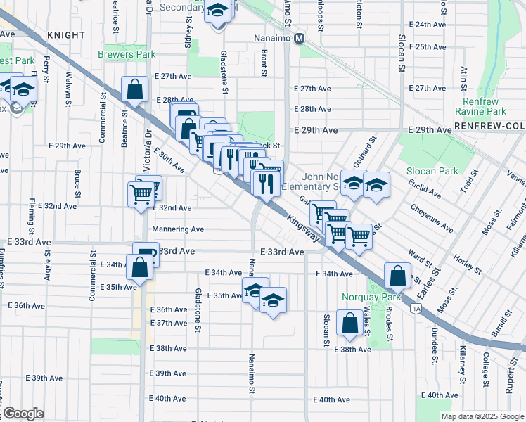 map of restaurants, bars, coffee shops, grocery stores, and more near 2257 Kingsway in Vancouver