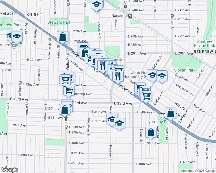 map of restaurants, bars, coffee shops, grocery stores, and more near 2288 British Columbia 1A in Vancouver