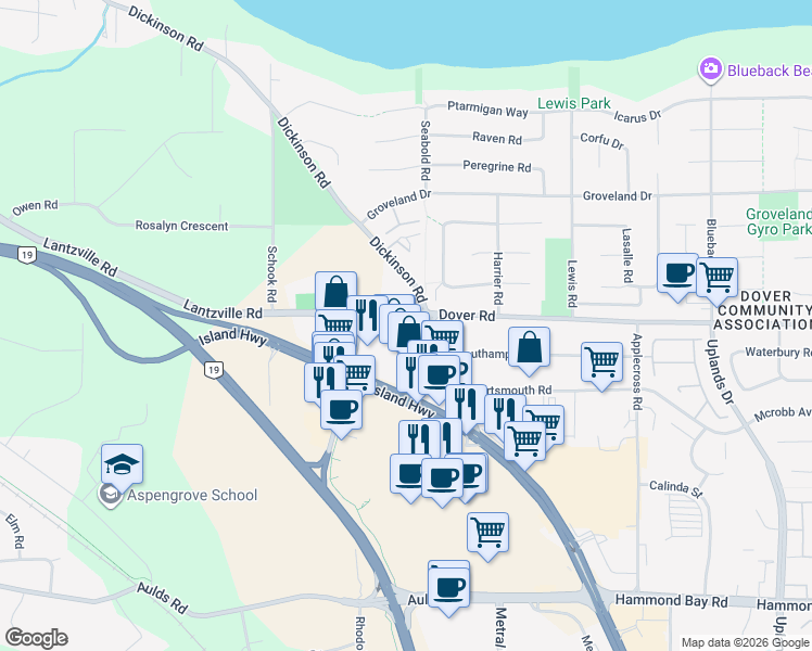map of restaurants, bars, coffee shops, grocery stores, and more near 6692 Dover Road in Nanaimo