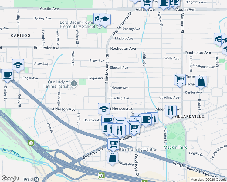 map of restaurants, bars, coffee shops, grocery stores, and more near 910 Delestre Avenue in Coquitlam