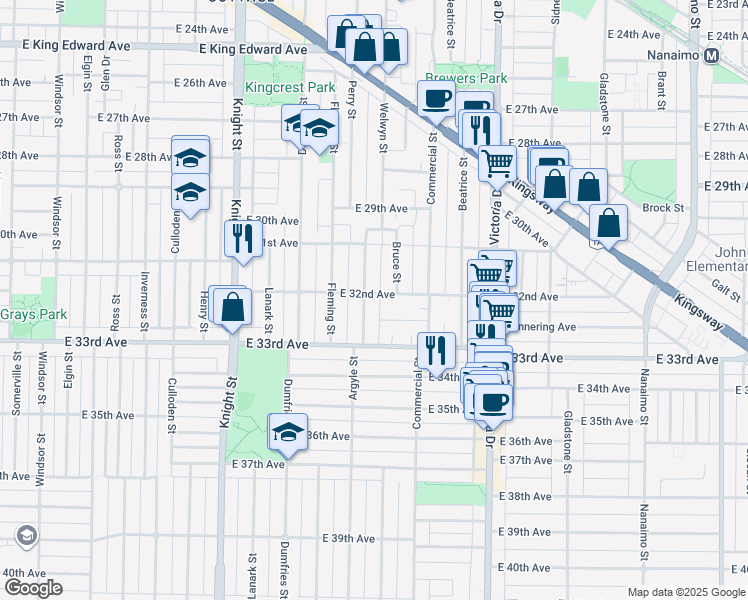 map of restaurants, bars, coffee shops, grocery stores, and more near 1712 East 32nd Avenue in Vancouver