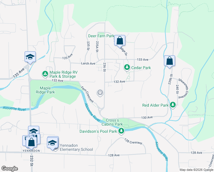 map of restaurants, bars, coffee shops, grocery stores, and more near 23622 132 Avenue in Maple Ridge