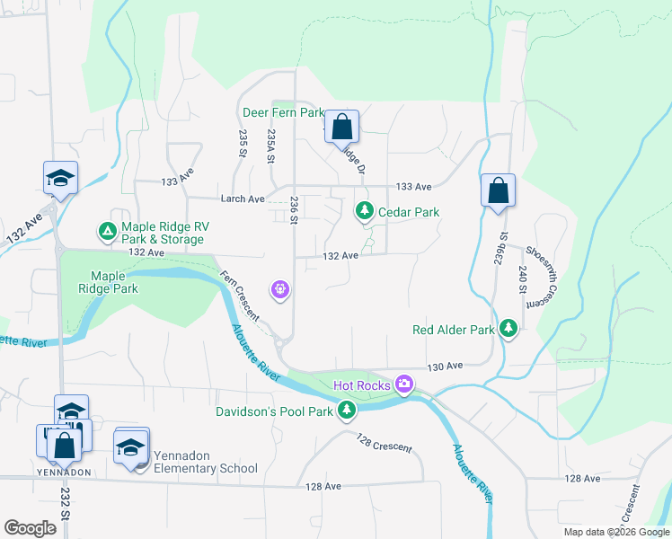 map of restaurants, bars, coffee shops, grocery stores, and more near 23680 132 Avenue in Maple Ridge