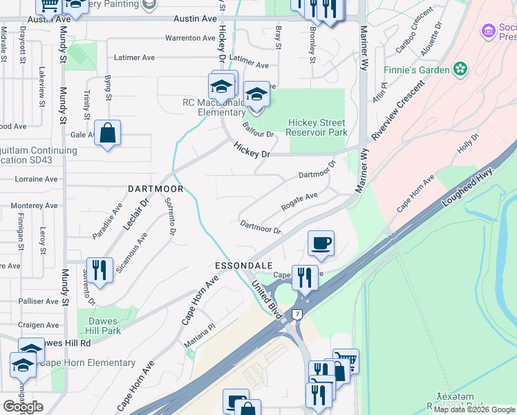 map of restaurants, bars, coffee shops, grocery stores, and more near 351 Dartmoor Drive in Coquitlam