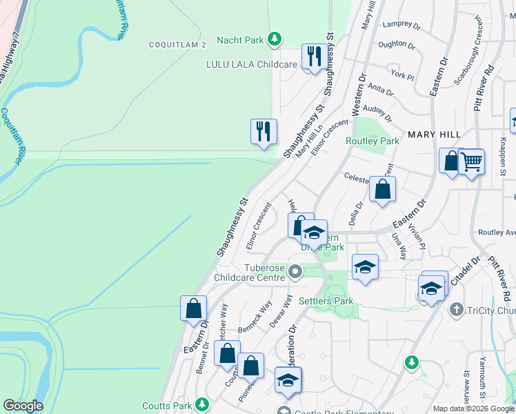 map of restaurants, bars, coffee shops, grocery stores, and more near 1479 Elinor Crescent in Port Coquitlam