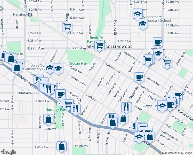 map of restaurants, bars, coffee shops, grocery stores, and more near 4768 Earles Street in Vancouver