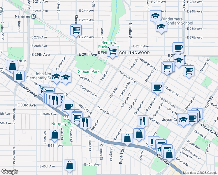map of restaurants, bars, coffee shops, grocery stores, and more near 4768 Earles Street in Vancouver