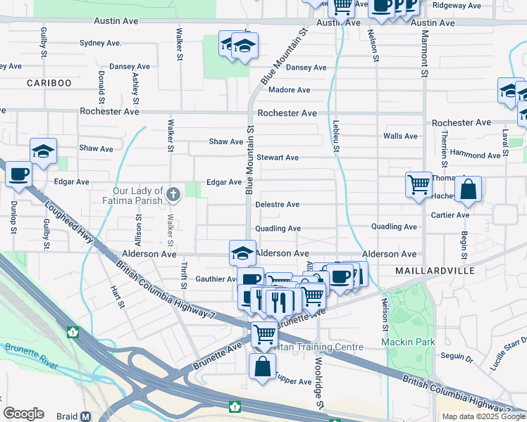 map of restaurants, bars, coffee shops, grocery stores, and more near 910 Delestre Avenue in Coquitlam