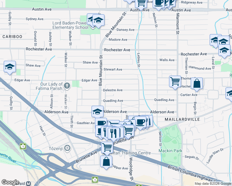 map of restaurants, bars, coffee shops, grocery stores, and more near 926 Delestre Avenue in Coquitlam