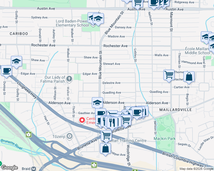map of restaurants, bars, coffee shops, grocery stores, and more near 910 Delestre Avenue in Coquitlam
