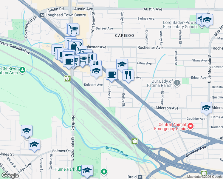 map of restaurants, bars, coffee shops, grocery stores, and more near 303 Dunlop Street in Coquitlam