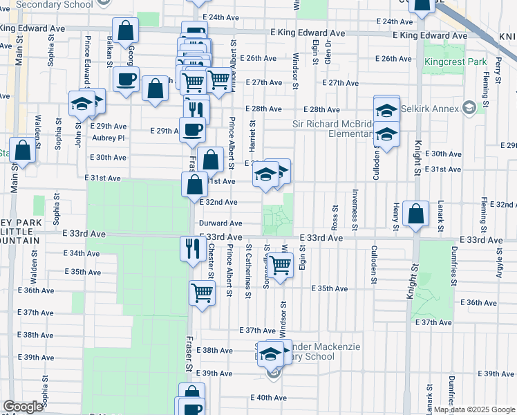 map of restaurants, bars, coffee shops, grocery stores, and more near 894 East 32nd Avenue in Vancouver