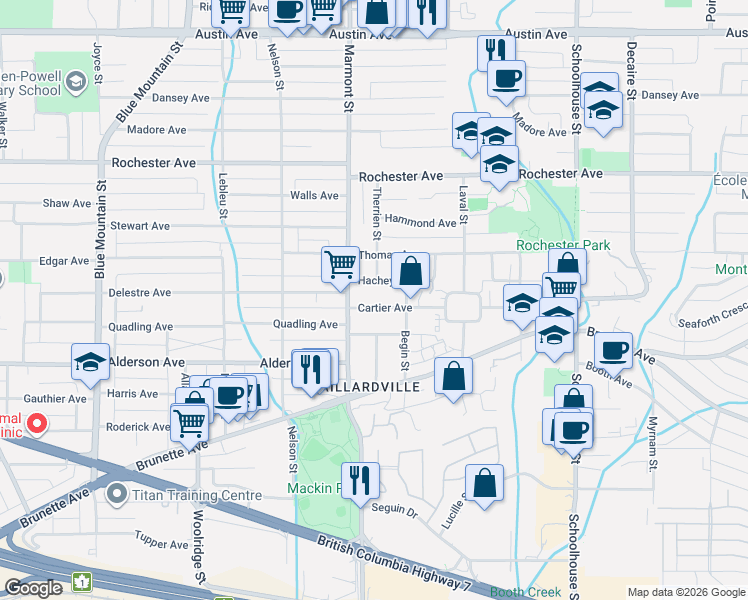 map of restaurants, bars, coffee shops, grocery stores, and more near 1111 Cartier Avenue in Coquitlam