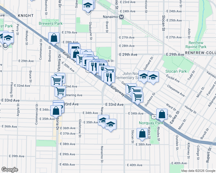 map of restaurants, bars, coffee shops, grocery stores, and more near 2288 British Columbia 1A in Vancouver