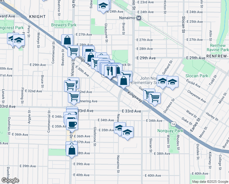 map of restaurants, bars, coffee shops, grocery stores, and more near in Vancouver