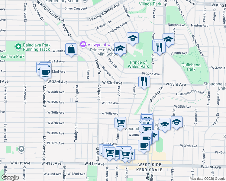 map of restaurants, bars, coffee shops, grocery stores, and more near 2351 West 34th Avenue in Vancouver