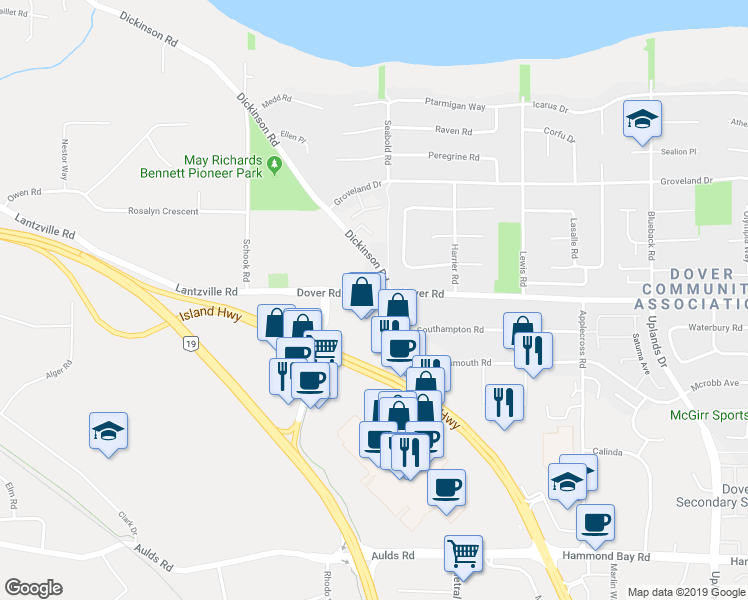 map of restaurants, bars, coffee shops, grocery stores, and more near 6692 Dover Road in Nanaimo