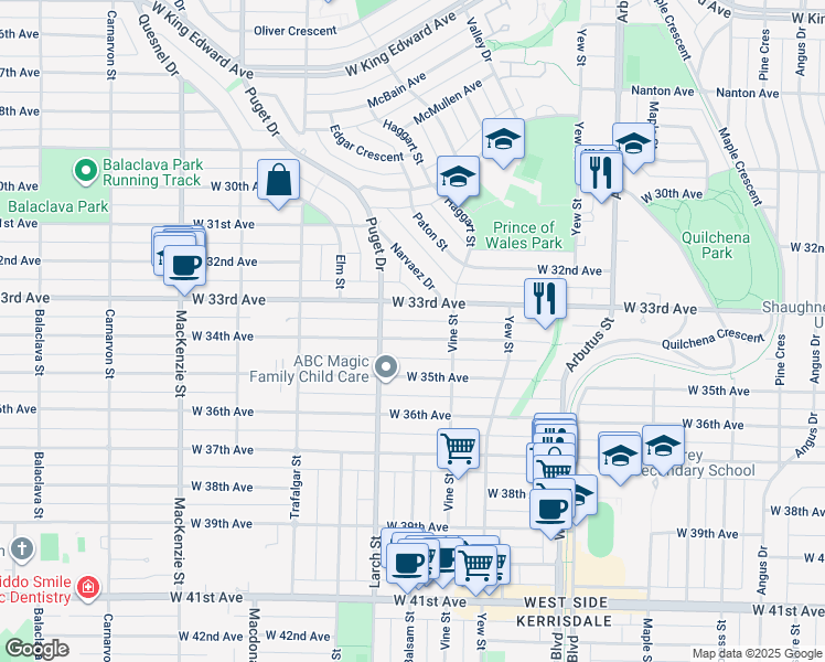 map of restaurants, bars, coffee shops, grocery stores, and more near 2403 West 34th Avenue in Vancouver