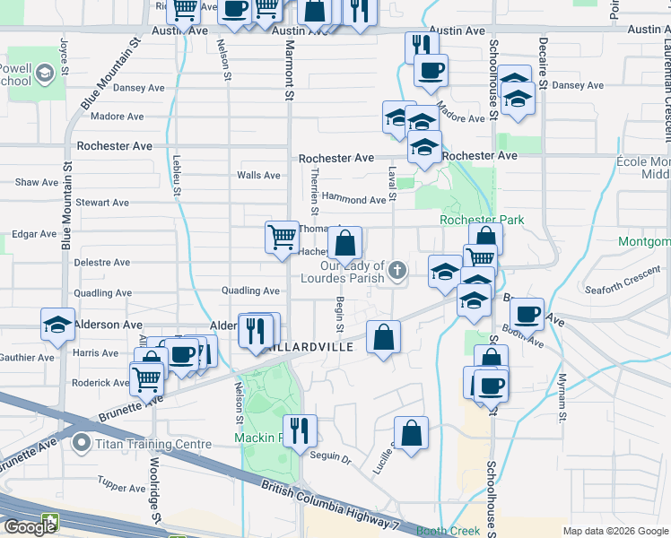 map of restaurants, bars, coffee shops, grocery stores, and more near 1125 Cartier Avenue in Coquitlam