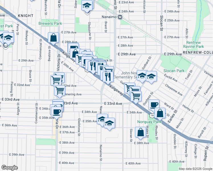 map of restaurants, bars, coffee shops, grocery stores, and more near 4815 Eldorado Mews in Vancouver