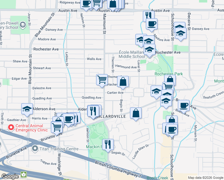map of restaurants, bars, coffee shops, grocery stores, and more near 1111 Cartier Avenue in Coquitlam