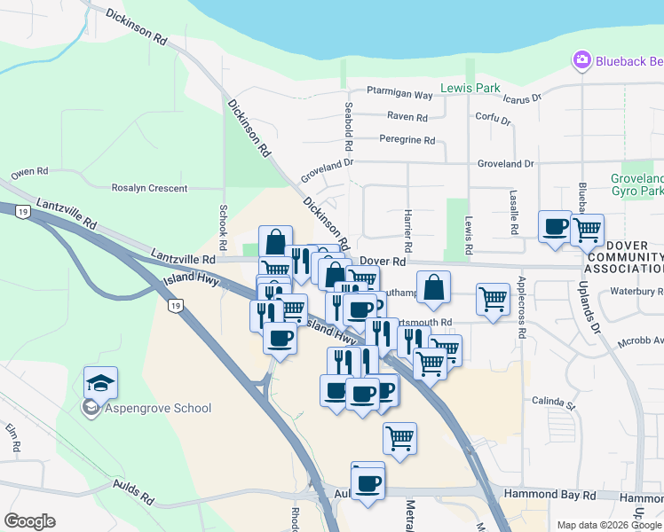 map of restaurants, bars, coffee shops, grocery stores, and more near 6692 Dover Road in Nanaimo