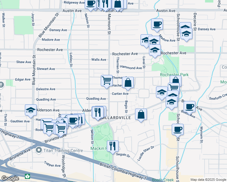 map of restaurants, bars, coffee shops, grocery stores, and more near 1105 Cartier Avenue in Coquitlam