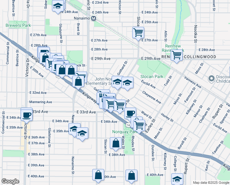 map of restaurants, bars, coffee shops, grocery stores, and more near 4793 Slocan Street in Vancouver