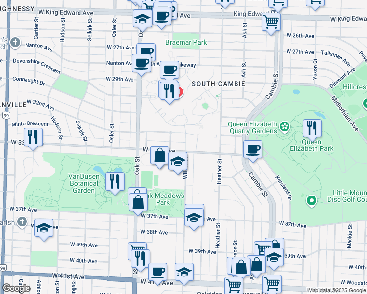 map of restaurants, bars, coffee shops, grocery stores, and more near 807 West 33rd Avenue in Vancouver