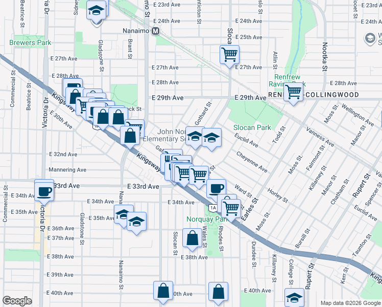 map of restaurants, bars, coffee shops, grocery stores, and more near 4793 Slocan Street in Vancouver